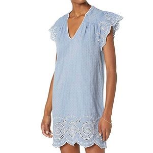 Faherty Aurora Embroidered Chambray Dress Eyelet Flutter Sleeves M